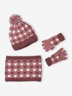 Meisje-Set muts + snood + handschoenen met hartjes meisje