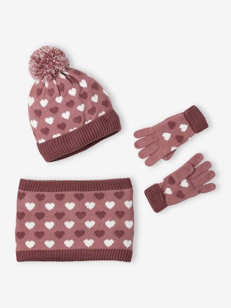 Set muts + snood + handschoenen met hartjes meisje grijsblauw - vertbaudet enfant 