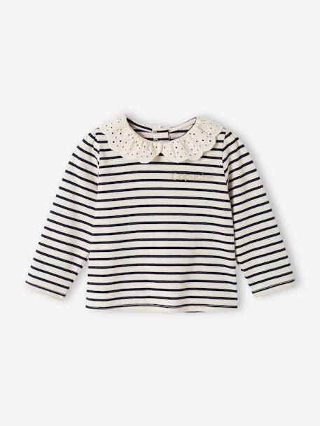 Baby T-shirt met geborduurde kraag en lange mouwen lichtbeige+marineblauw, gestreept+rood, gestreept - vertbaudet enfant 