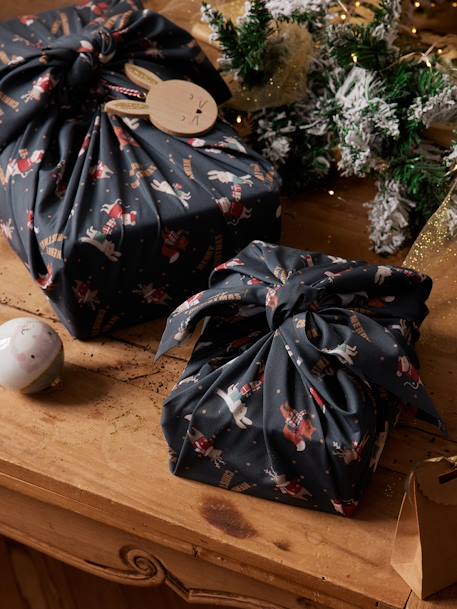 Set van 2 stoffen furoshiki Vrienden van de Kerstman blauw, bedrukt - vertbaudet enfant 