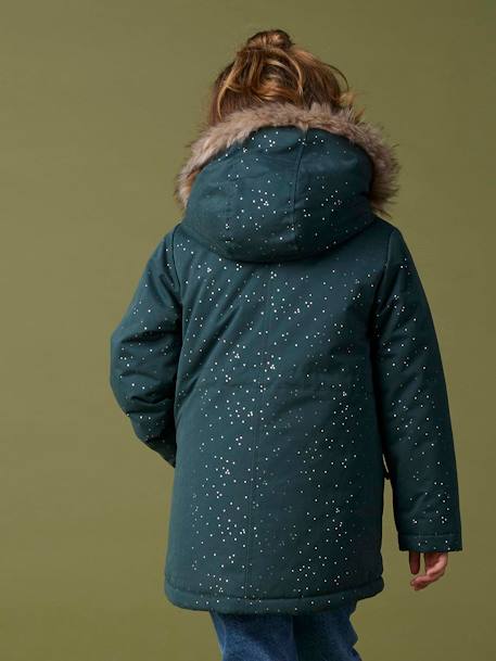 Meisjesparka met glitters en pailletten met imitatiebonten voering rouge+smaragdgroen - vertbaudet enfant 