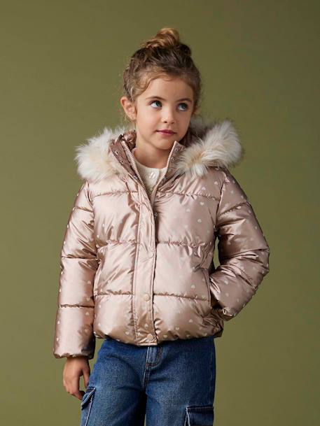 Donsjack met capuchon voor meisjes met fleece voering antraciet+goud+roze, bedrukt - vertbaudet enfant 