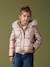 Donsjack met capuchon voor meisjes met fleece voering antraciet+goud+roze, bedrukt - vertbaudet enfant 