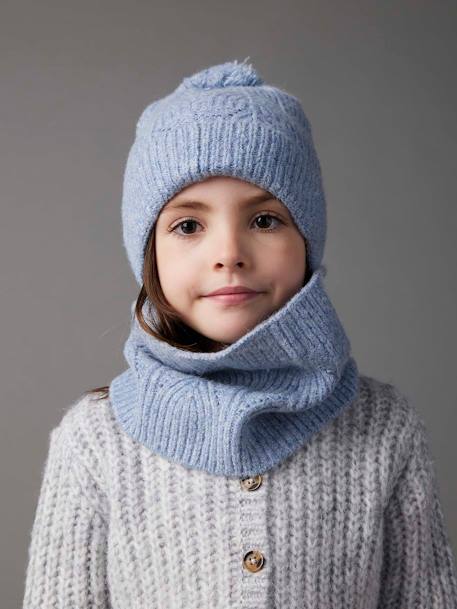 Set van muts + snood + wanten in kabelbreiwerk ecru+grijsblauw+ROZE - vertbaudet enfant 