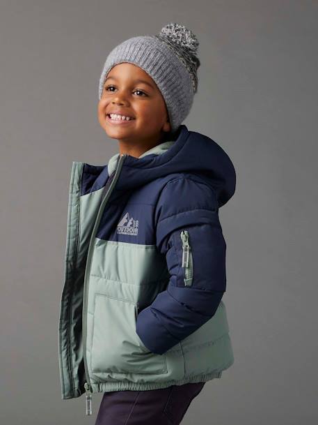 Tweekleurig jongensjack met kap en gerecyclede polyester vulling hazelnoot+Marineblauw+saliegroen - vertbaudet enfant 