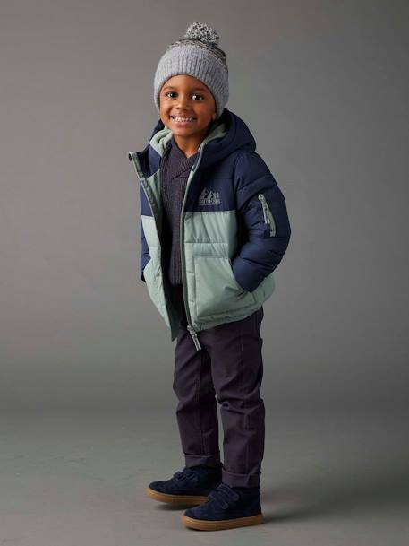 Tweekleurig jongensjack met kap en gerecyclede polyester vulling hazelnoot+Marineblauw+saliegroen - vertbaudet enfant 