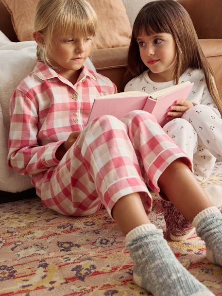 Gepersonaliseerde pyjama met ruitjes van flanel voor meisjes rozen - vertbaudet enfant 