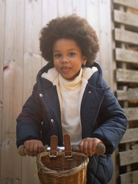 Donsjack met capuchon voor meisjes met sherpa voering marineblauw+rouge - vertbaudet enfant 