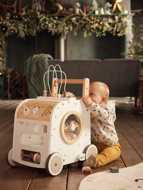 FSC®-houten loopwagentje met remmen en activiteitenkubus meerkleurig - vertbaudet enfant 