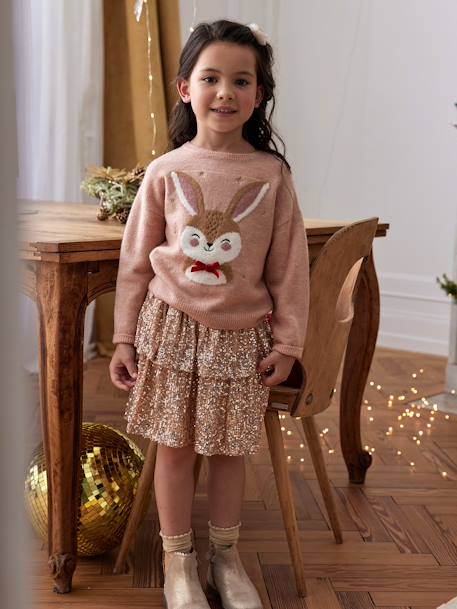 Kerstcadeauverpakking 'Renne' jacquard trui + 2 scrunchies voor meisjes ecru+roze (poederkleur) - vertbaudet enfant 