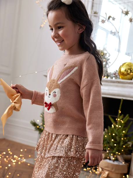 Kerstcadeauverpakking 'Renne' jacquard trui + 2 scrunchies voor meisjes ecru+roze (poederkleur) - vertbaudet enfant 