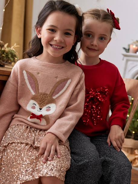 Kerstcadeauverpakking 'Renne' jacquard trui + 2 scrunchies voor meisjes ecru+roze (poederkleur) - vertbaudet enfant 