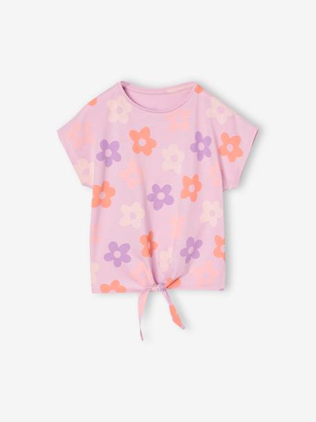 Gestreept T-shirt voor meisjes met sierstrik ecru+lavendel+rose paars bedrukt+vanille+wit, bedrukt - vertbaudet enfant 