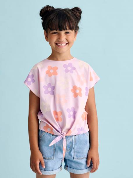 Gestreept T-shirt voor meisjes met sierstrik ecru+lavendel+rose paars bedrukt+vanille+wit, bedrukt - vertbaudet enfant 