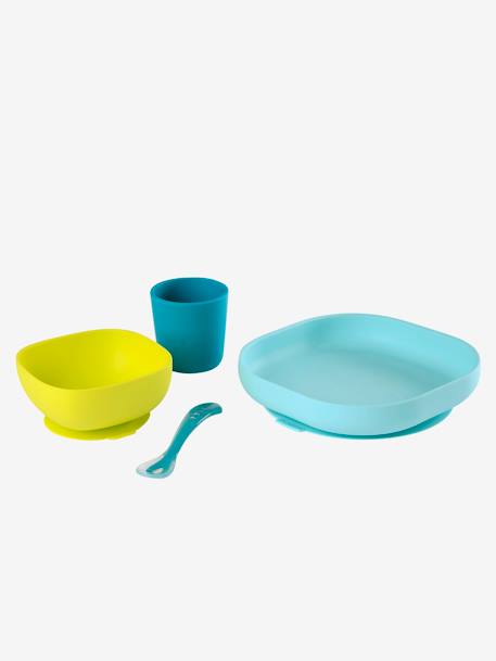 Serviesset 4 items silicone BEABA BLAUW+EUCALYPTUS+GEEL+jungle+NIGHT BLUE+ROZE - vertbaudet enfant 