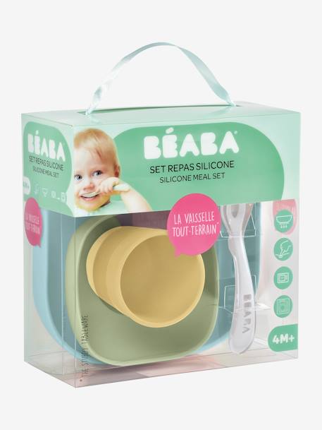 Serviesset 4 items silicone BEABA blauw+BLAUW+EUCALYPTUS+GEEL+jungle+NIGHT BLUE+ROZE - vertbaudet enfant 