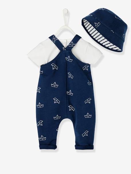 Set baby hoedje, romper en salopette Wit/blauw - vertbaudet enfant 