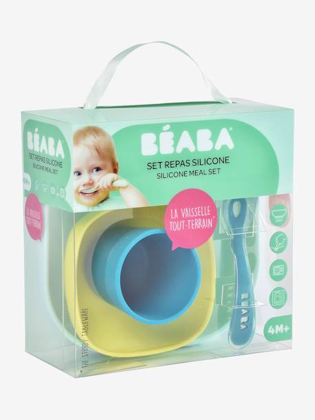 Serviesset 4 items silicone BEABA blauw+BLAUW+GEEL+jungle+NIGHT BLUE+ROZE - vertbaudet enfant 